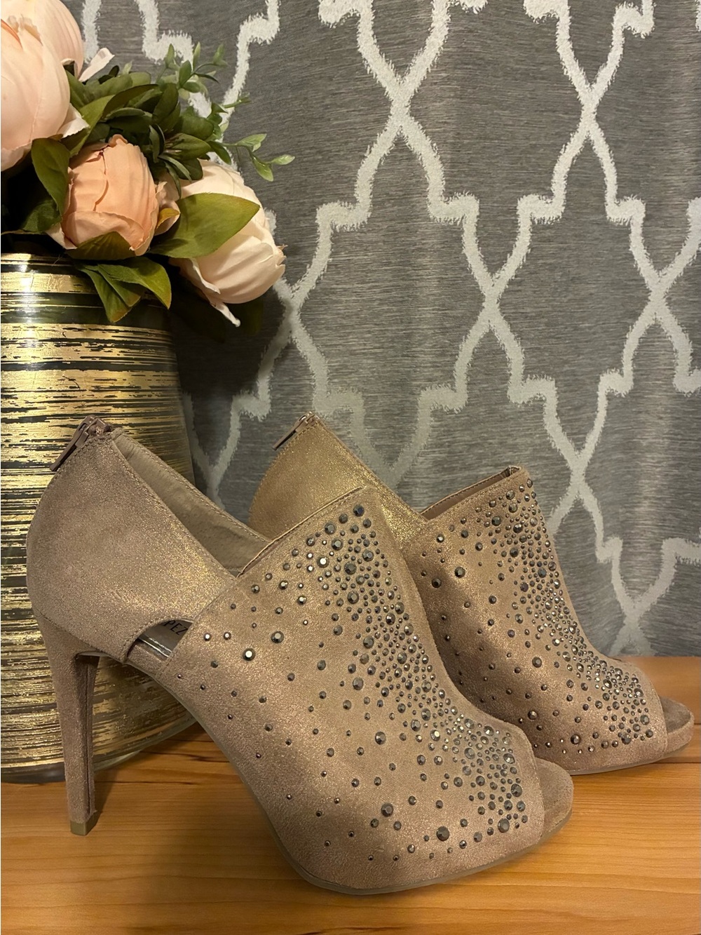 Jennifer Lopez Taupe Studded Peep-Toe Stiletto Booties
